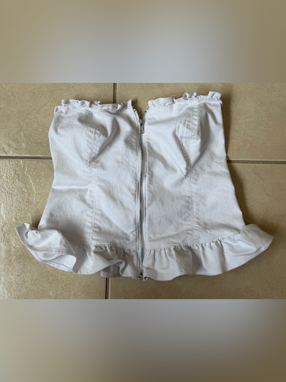 Ashley Stewart White Denim Corset Top Strapless Ruffle Peplum Zip Up Size 12